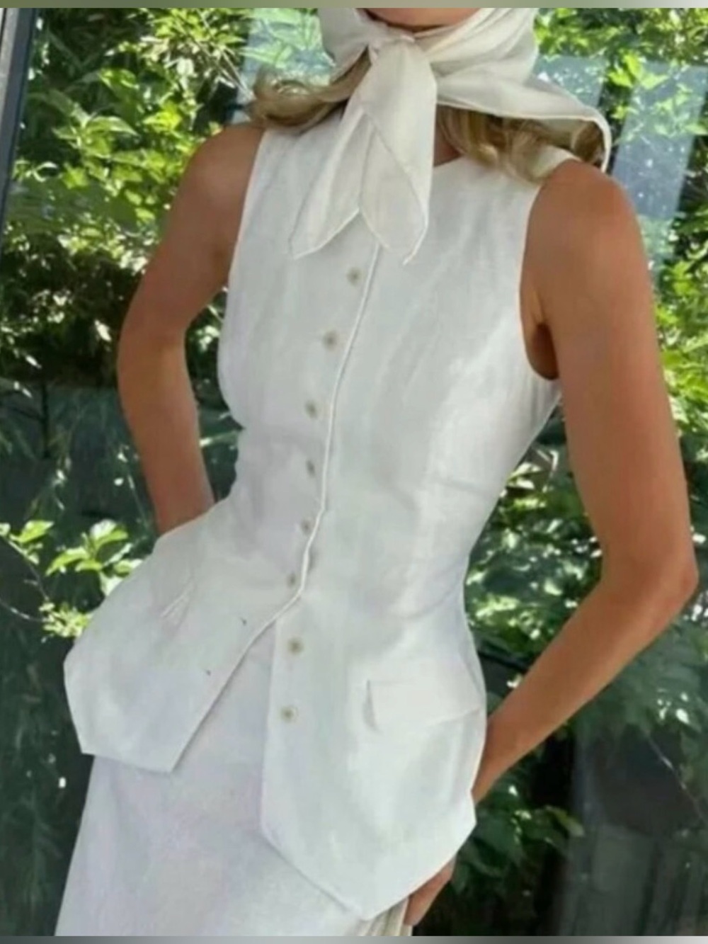 Helsa Linen Longline Waistcoat Vest Button Front White Size S